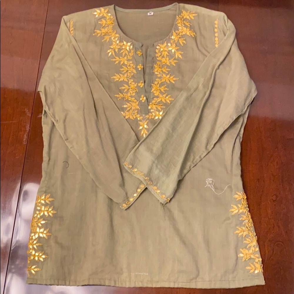 Hand done gold and green long sleeve shirt